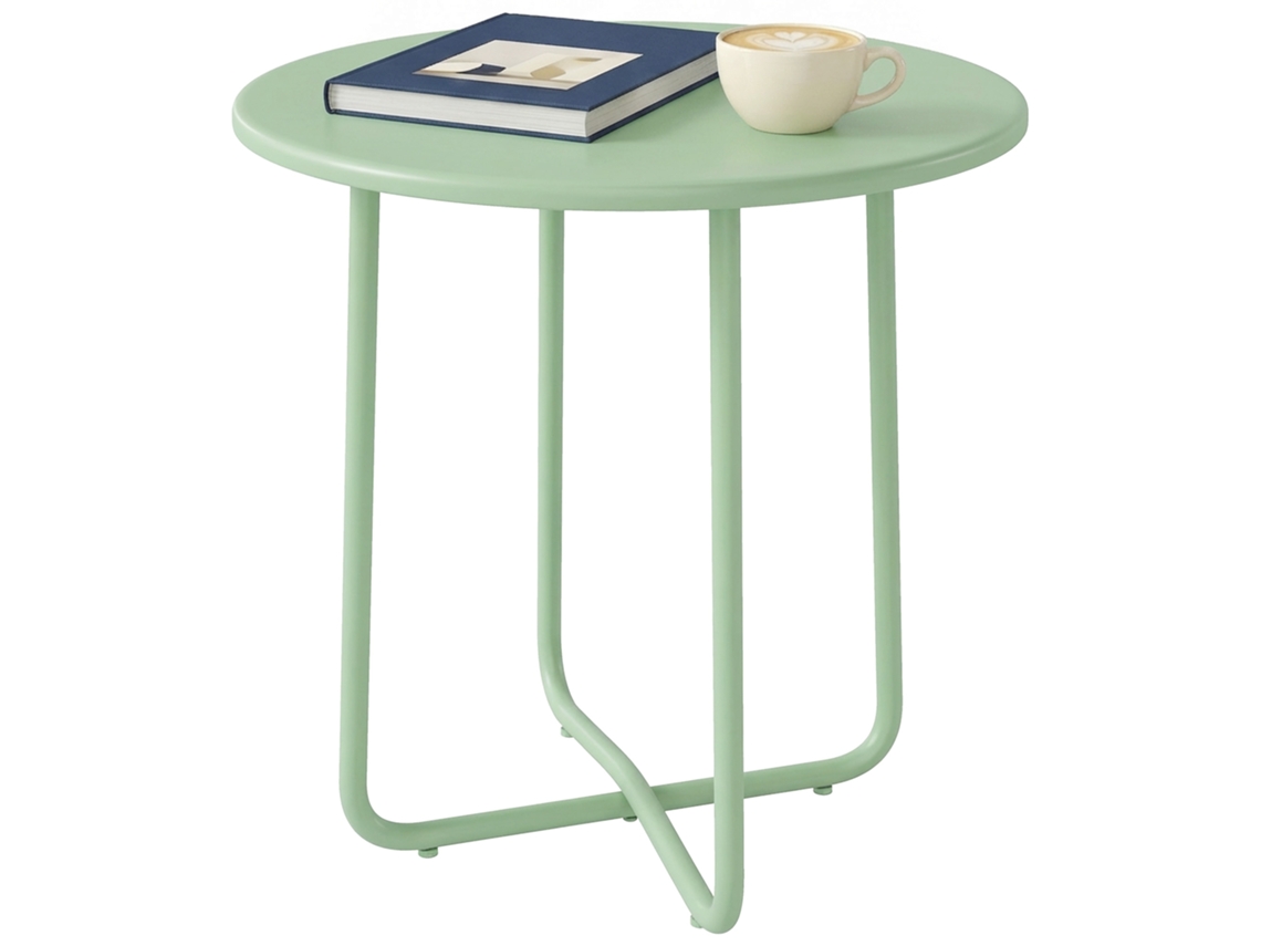 Mesa De Centro Externa Com Borda Enrolada. Base Em X Com Pés Ajustáveis Em Altura. O Terrace Lounge. Ø48x51cm. Verde