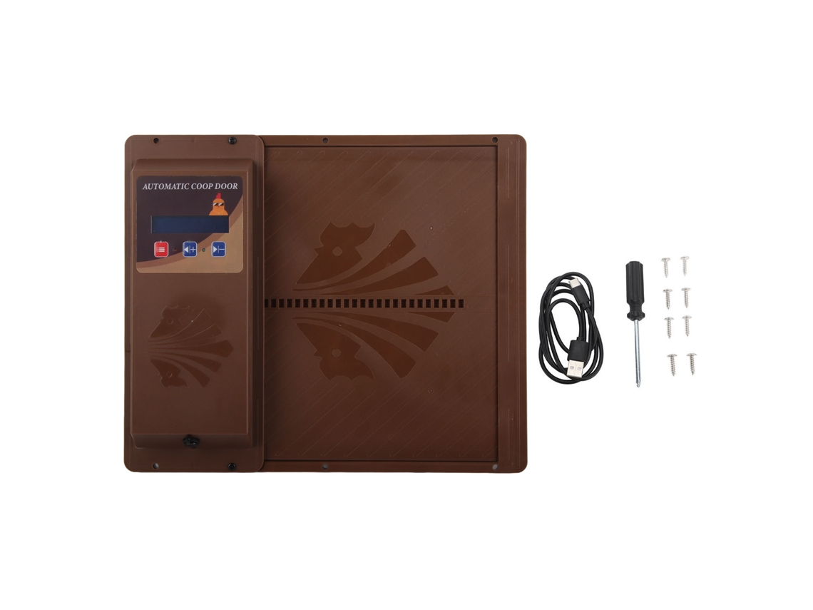 Porta Automática para Galinheiro com Temporizador Abertura Horizontal Usb Programável Marrom