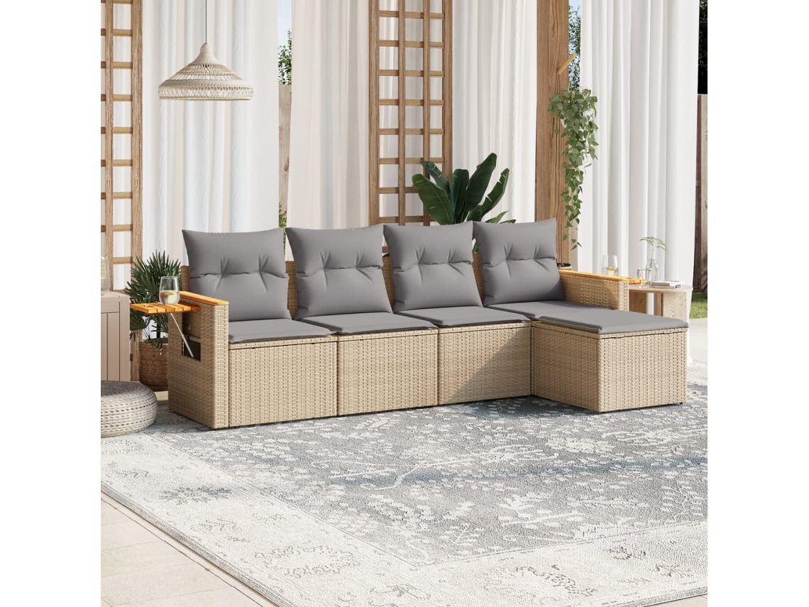Vidaxl 5 Pcs Conjunto De Sofás P/ Jardim Com Almofadões Vime Pe Bege