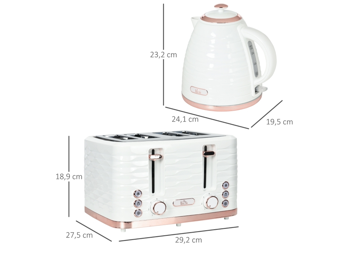 Conjunto 2 em 1 Torradeira e Chaleira, 7 Níveis de Douramento, Funções Descongelar e Reaquecer, Cor Branco Creme, Design Suave para Bancada.