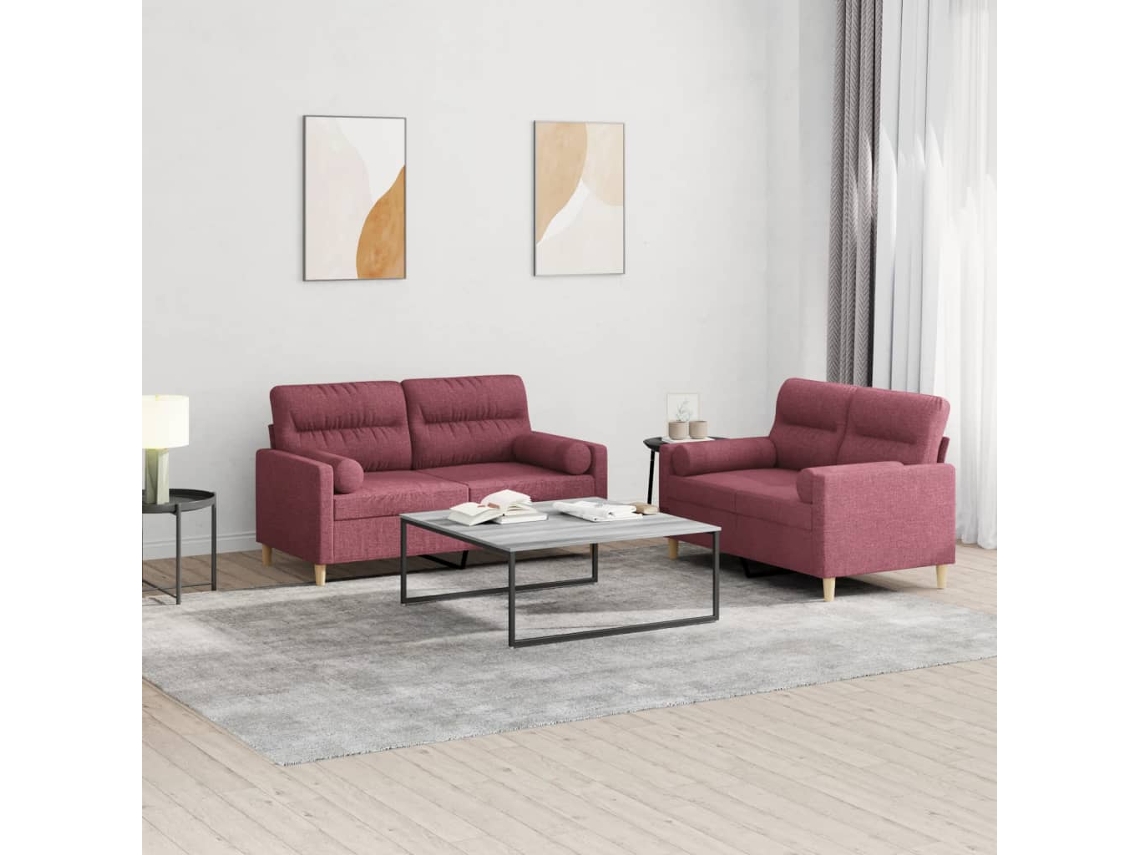 Vidaxl 2 Pcs Conjunto De Sofás Com Almofadas Tecido Vermelho-tinto