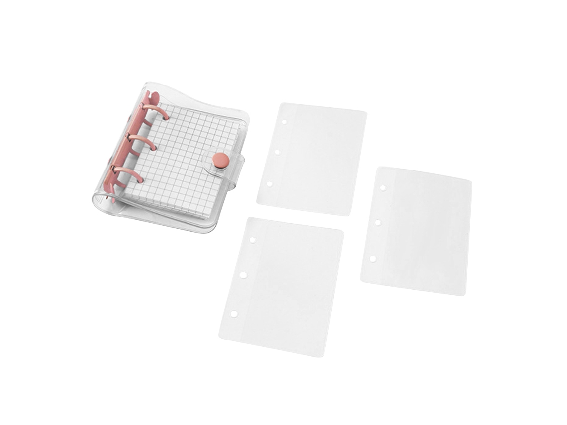 Capa de Agrafador Mini Transparente 3 Anéis com Páginas Internas em Grade e Bolsos, Caderno de Folhas Soltas Pvc Claro com Botão de Fechamento