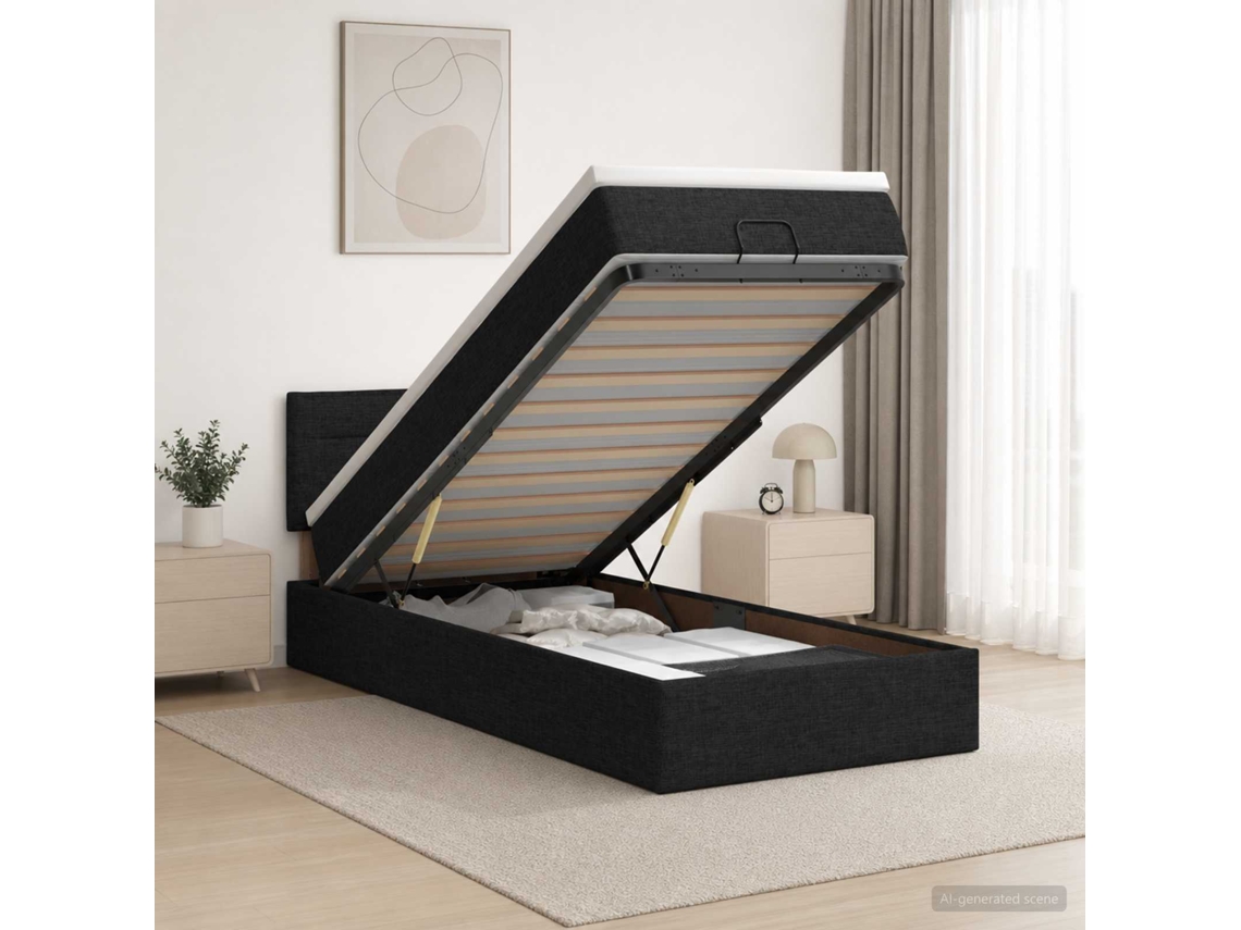 Vidaxl Cama Ottoman Com Colchão Com Cabeceira Preto 90 X 190 Cm Tecido