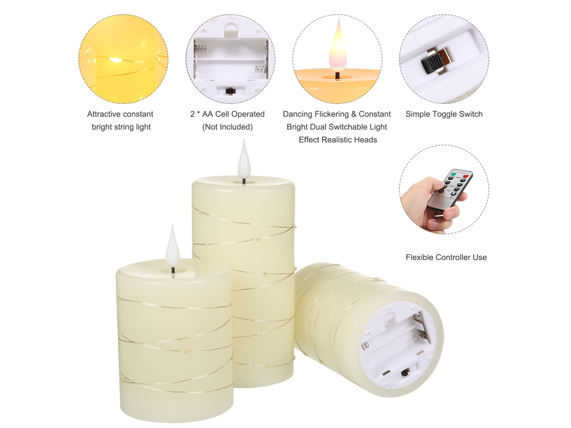 Velas LED sem chama, com luz de fio, controle remoto, modos ajustáveis | S/MARCA
