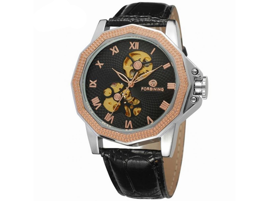 Reloj Automático Masculino Forsining De Negocios Con Esfera Hueca Negro+oro Rosa