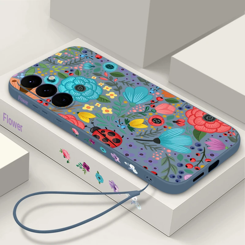 Capa De Celular Galaxy S21 5g Em Tpu Macio Com Estampa De Joaninha E Flor (alça Cinza).