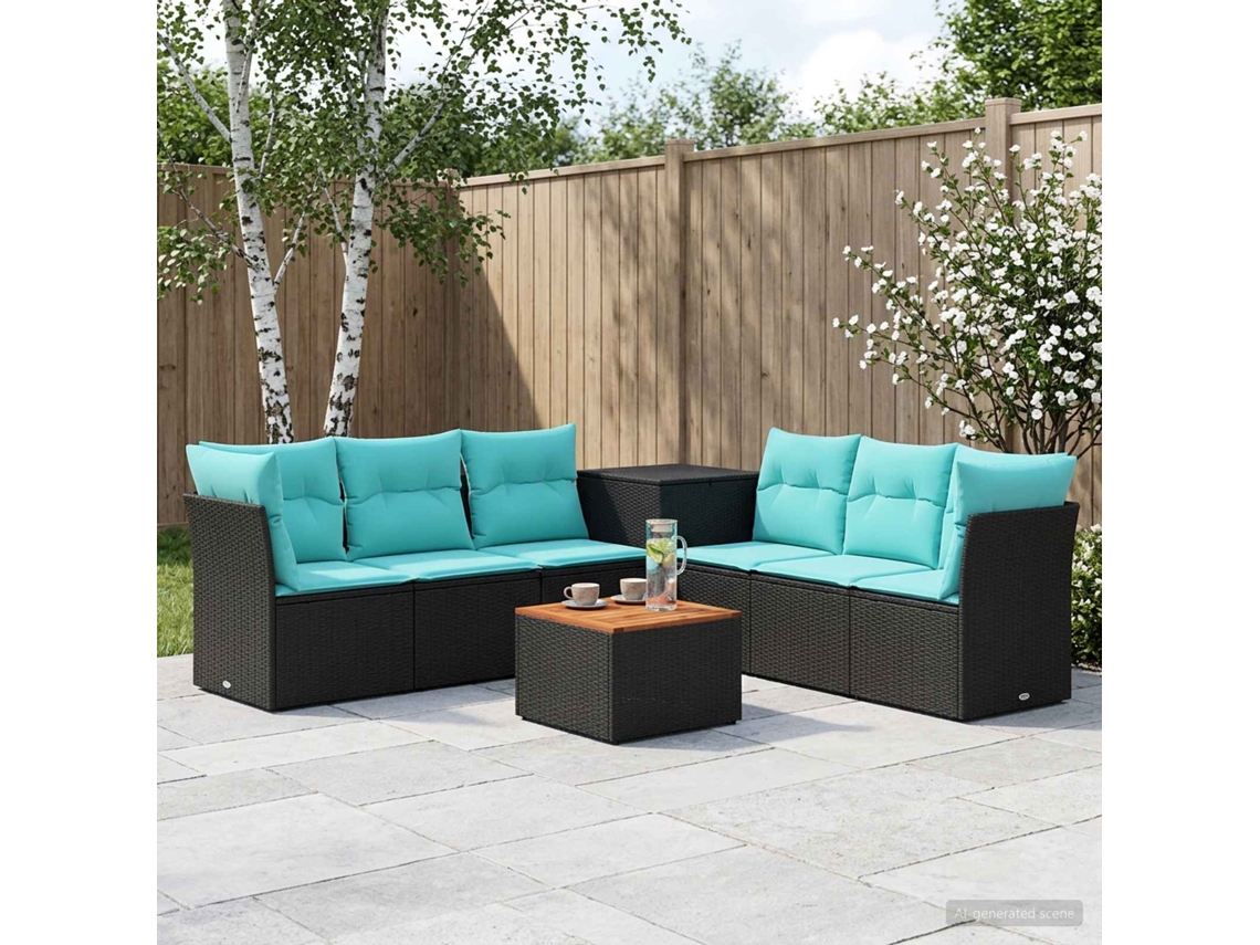 Vidaxl Conjunto De Sofás 8 Unid. Preto E Azul Rattan Poliéster E Aço