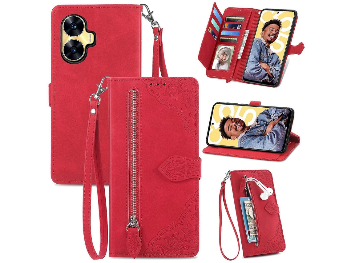 Capa De Couro Com Zíper E Flor Em Relevo Para Realme C55