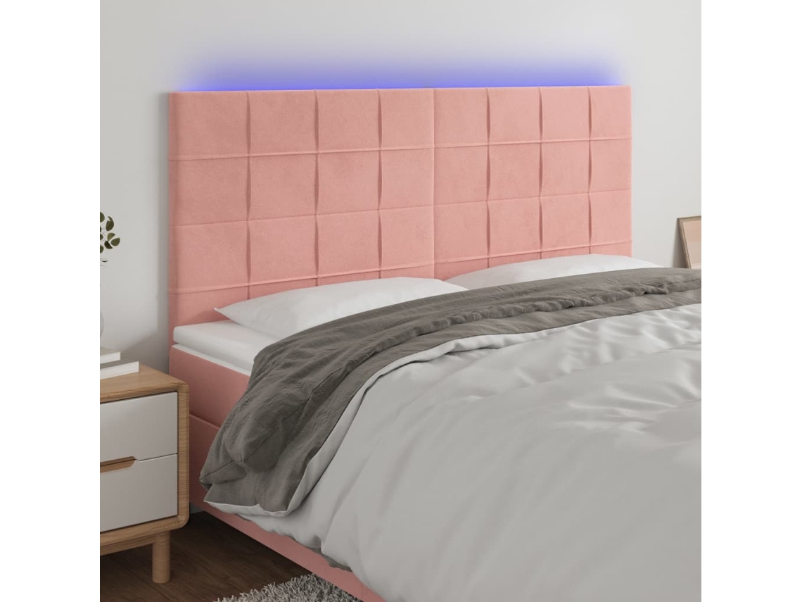 Vidaxl Cabeceira De Cama C/ Luzes Led Veludo 200x5x118/128 Cm Rosa