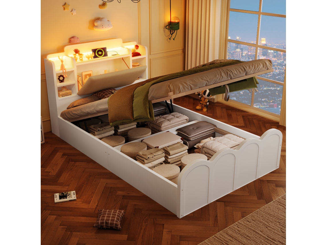 Cama Painéis 90x200, Branca, Hidráulica+usb Type-c+led, Sem Colchão-op