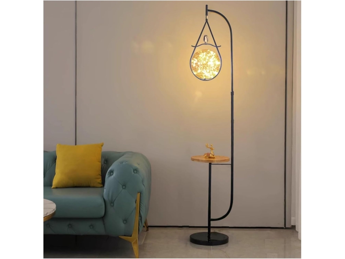 Luminária De Chão Com Mesa Acoplada, Luminária De Chão Moderna Meados Do Século Xx Com Globo Vidro Dourado E Base