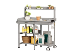 Mesa De Replantio - Bealife - Armário De Jardim Exterior - Bandeja De Metal Galvanizado - 1 Gaveta - 2 Rodas - 3 Ganchos - Madeira Cinza