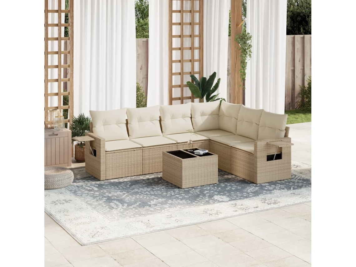 Vidaxl 7 Pcs Conjunto De Sofás P/ Jardim Com Almofadões Vime Pe Bege