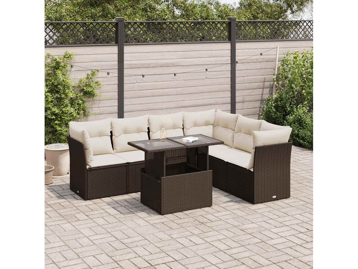 Vidaxl 7 Pcs Conjunto De Sofás Jardim C/ Almofadões Vime Pe Castanho