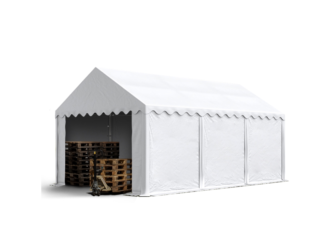Galpão de armazenamento impermeável de PVC 750N de 3 x 6 m com base reforçada, branco, com porta para ferramentas