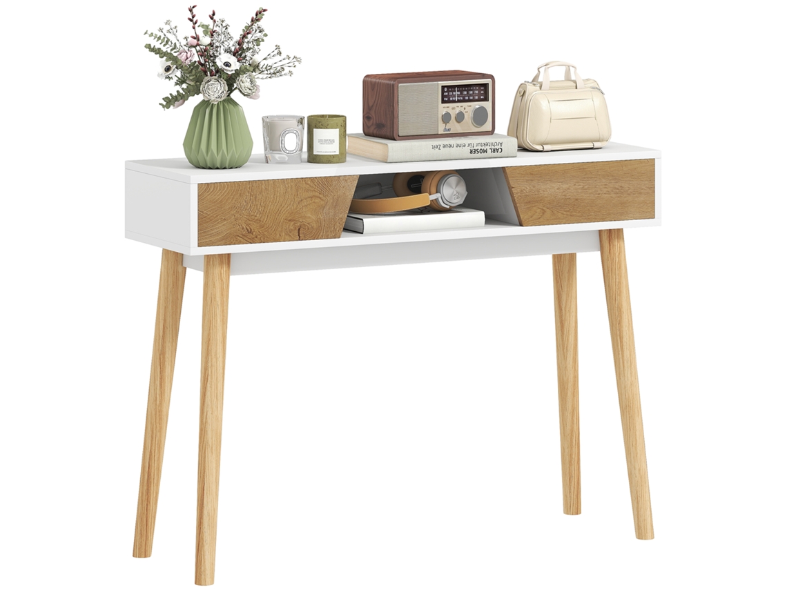 Mesa Consola Estreita Com 2 Gavetas E Pés De Madeira 100x30x75 Cm Branco