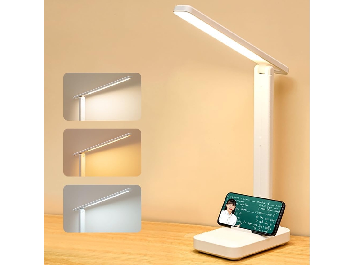 Luminária de mesa LED, controle por toque, 3 modos de iluminação, suporte para celular