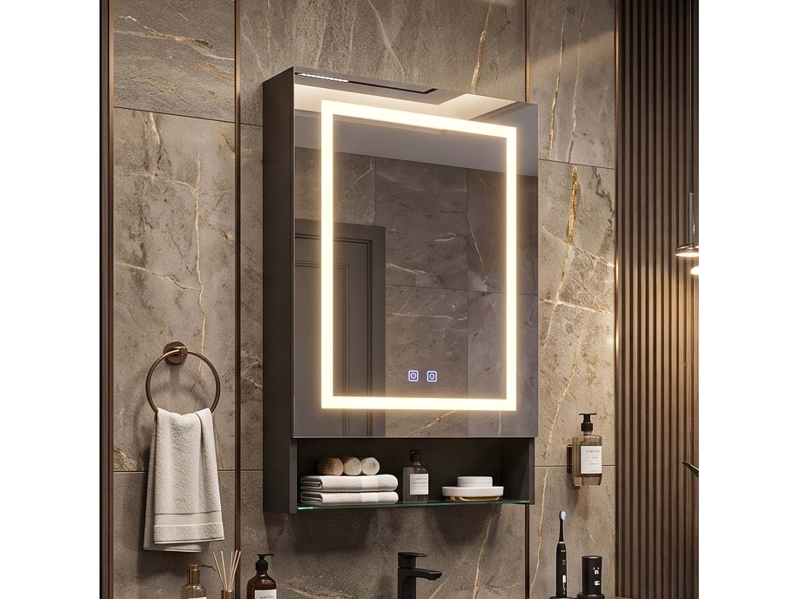 Lazyspace Armário De Casa De Banho Com Espelho Led 88x50x16 Cm Antiembaçante E Prateleira De Vidro - Preto