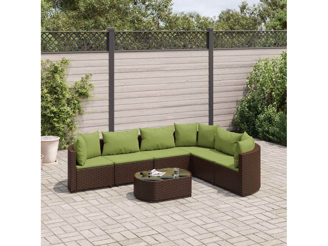 Vidaxl 7 Pcs Conjunto De Sofás Jardim C/ Almofadões Vime Pe Castanho