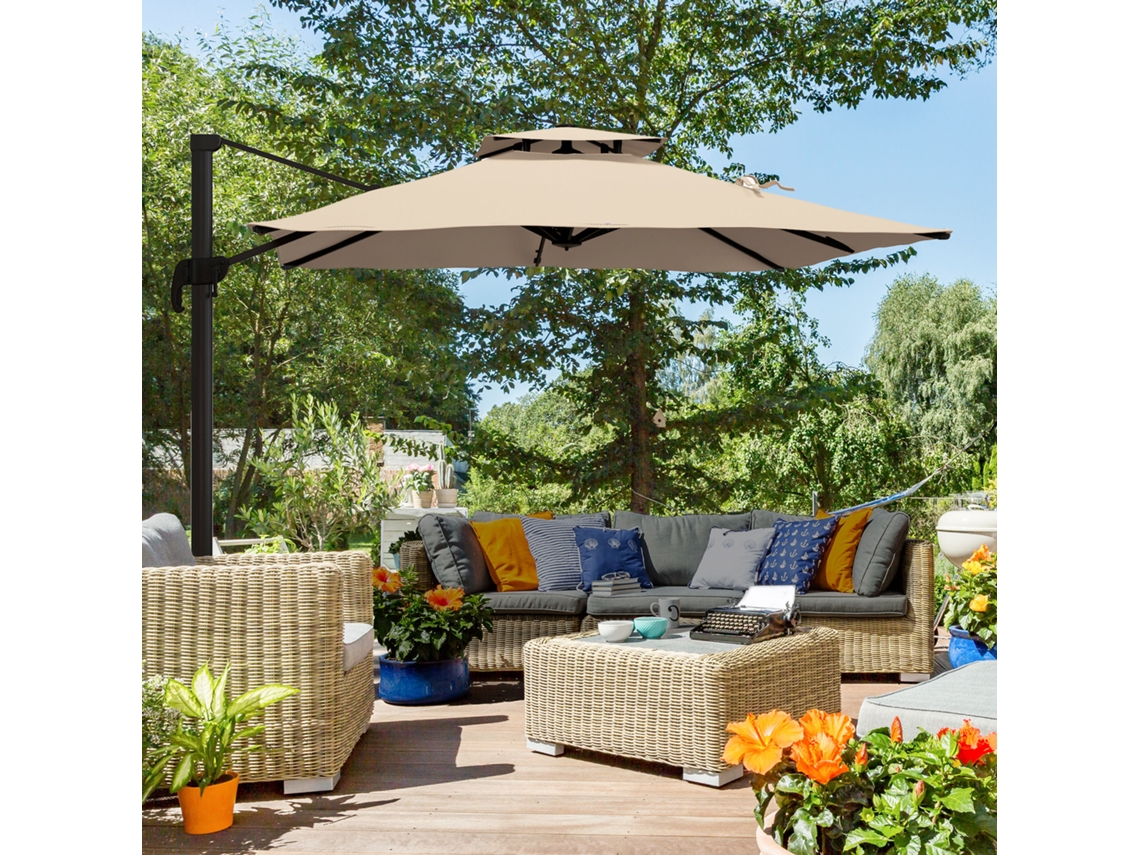Guarda-sol De Alumínio Para Jardim 300x300 Cm Com Manivela, Poste Giratório 360°, Teto Duplo Inclinável Na Cor Caqui