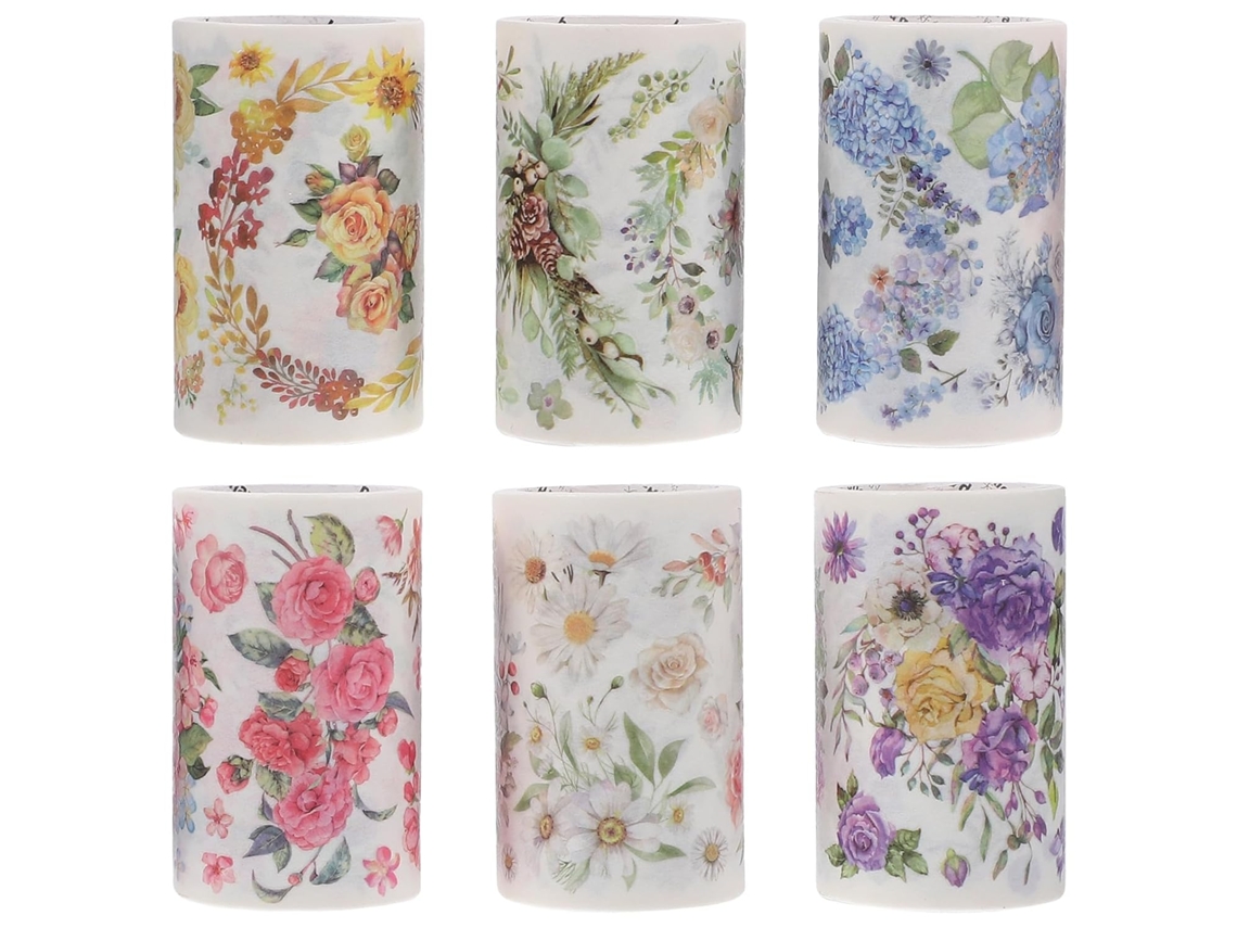 Fita adesiva decorativa Fita Adesiva Washi, diversos estilos, 6 rolos, estampa floral, material seguro e prático para