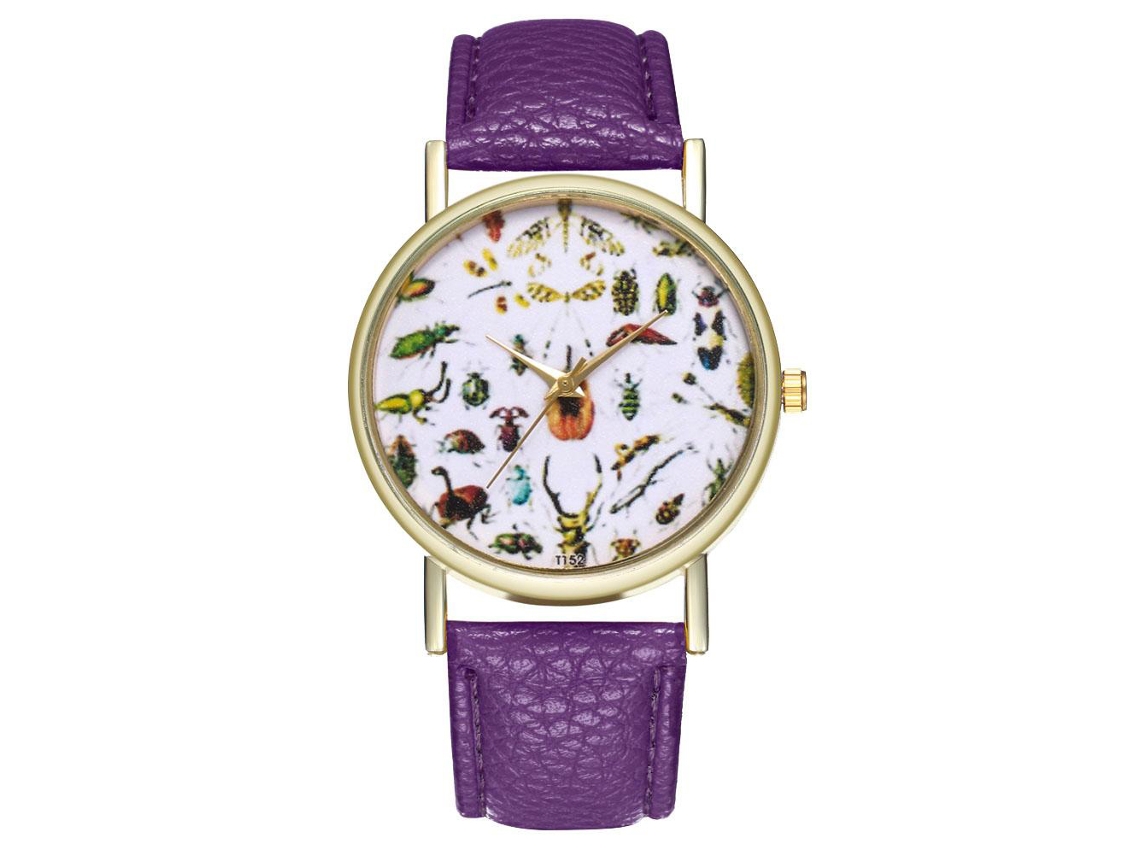 Relógio de quartzo unissex com pulseira casual estampada com insetos (roxo)