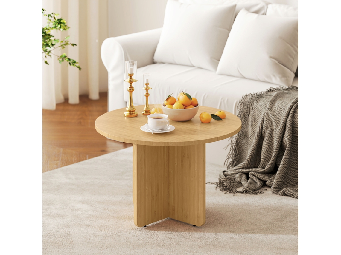 Mesa De Centro Redonda De Bambu Com Base Cruzada, Natural