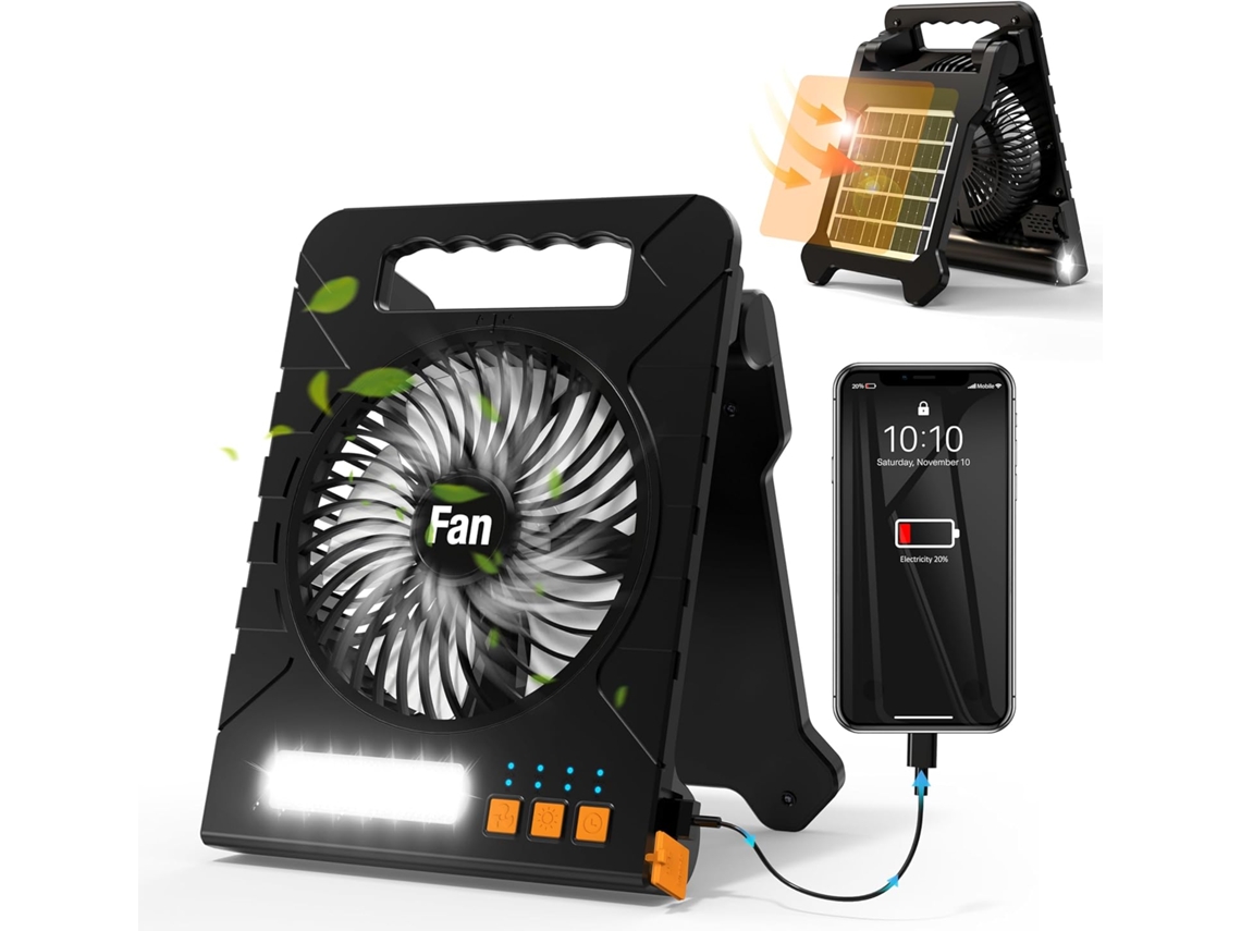 Ventilador Solar Para Acampamento, Ventilador De Mesa Portátil De 4000 Mah Com Lanterna Led E Lanterna Zeuxo