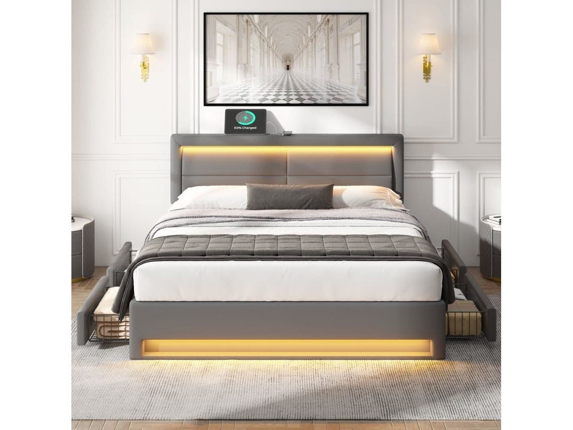 Cama De Casal 140x190 Cm Em Imitação De Pele Com Led - 4 Gavetas - Com Portas De Carregamento (com E Sem Fios) - Cinzento