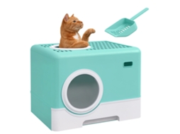 Caixa de Areia Cat com Tampa e Pá, Caixa de Areia Fechada com Entrada Frontal e Superior, Bandeja Retrátil 52x41x38,5 Cm, Verde Ge