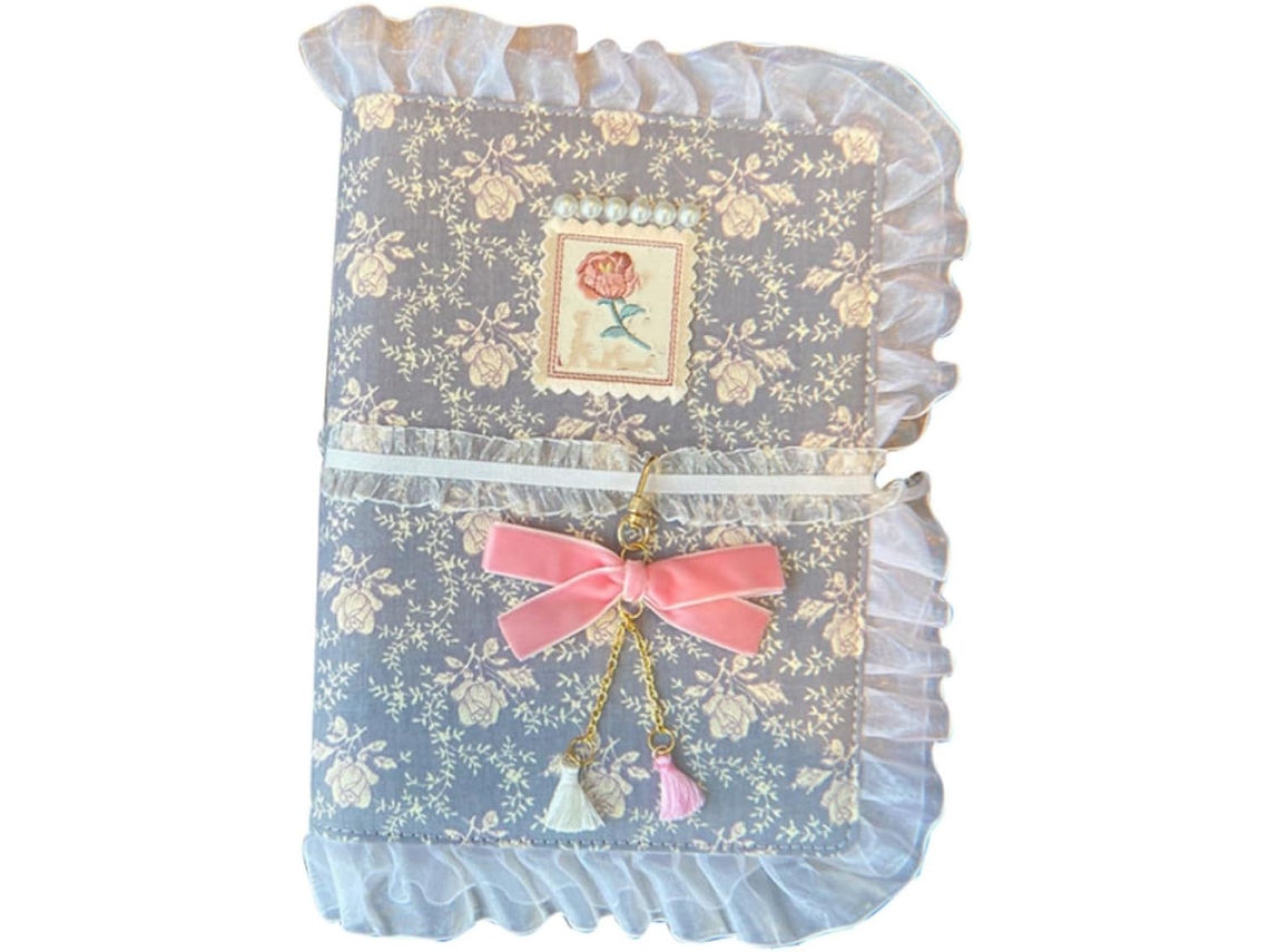 Agenda portátil de tecido com folhas soltas e elegante borda de renda, bloco de notas para montar.
