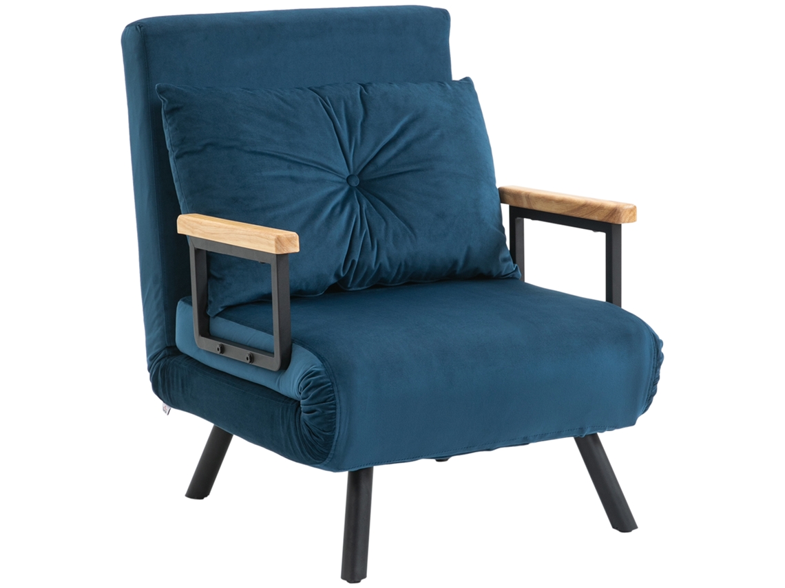 Poltrona Conversível 3 Em 1 (vira Cama De Solteiro) – Encosto Ajustável Em 5 Posições – Braços Em Madeira E Almofada – Tecido Com Efeito Veludo – Azul