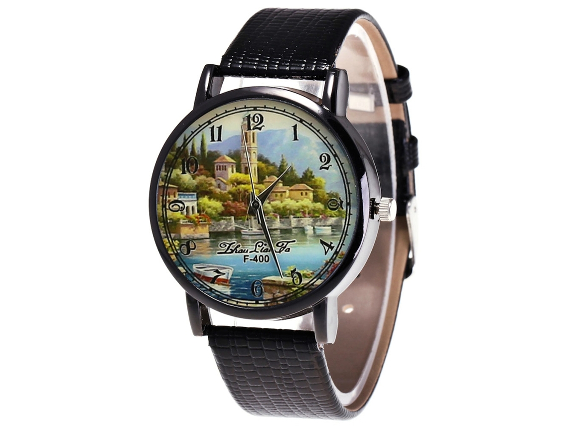 Reloj De Cuarzo De Pareja Casual Estilo Rural Con Correa De Cuero Pu Zhoulianfa Negro
