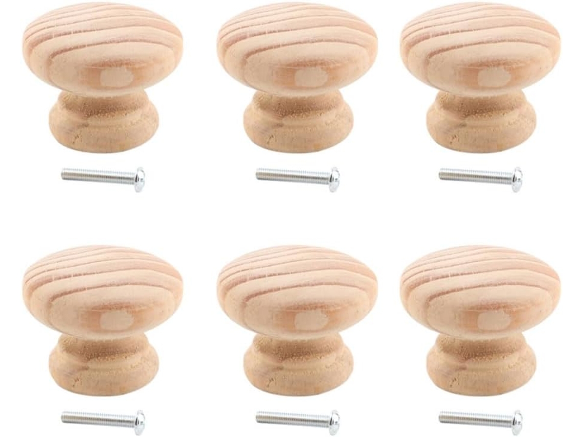 Conjunto De 6 Puxadores Redondos Madeira Maciça Com Parafusos, 40mm, Bege
