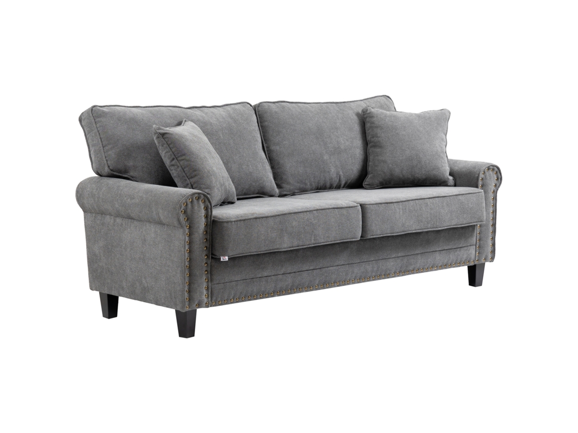 Sofá 3 Lugares S/MARCA, cinza, 196x80,5x89 cm, estofado poliéster, 2 almofadas, tachas douradas