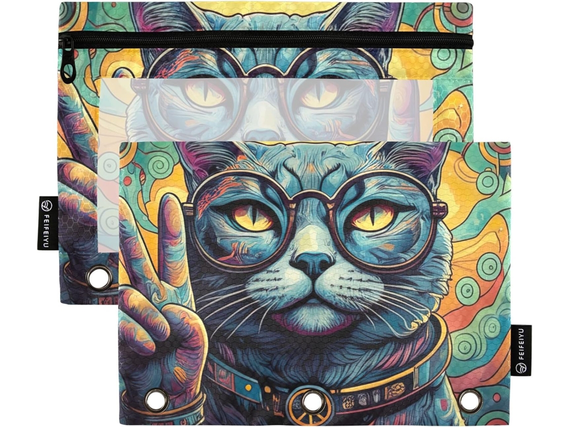 Gaigeo Estojo Moderno Com 3 Argolas, Estampa Colorida De Gato E Outros Animais, Bolso Com Zíper, Pasta Escolar, Bolsos