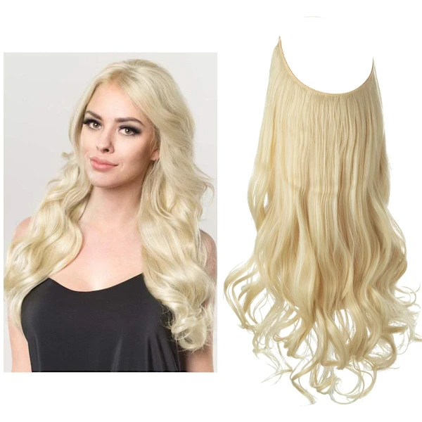 Extensões de Cabelo Sintético com Presilha, Onduladas, Ombré Natural, Preto, Loiro e Rosa, Peça Única, Estilo Fio de Peixe, Loiro Praia AQUAFORGE