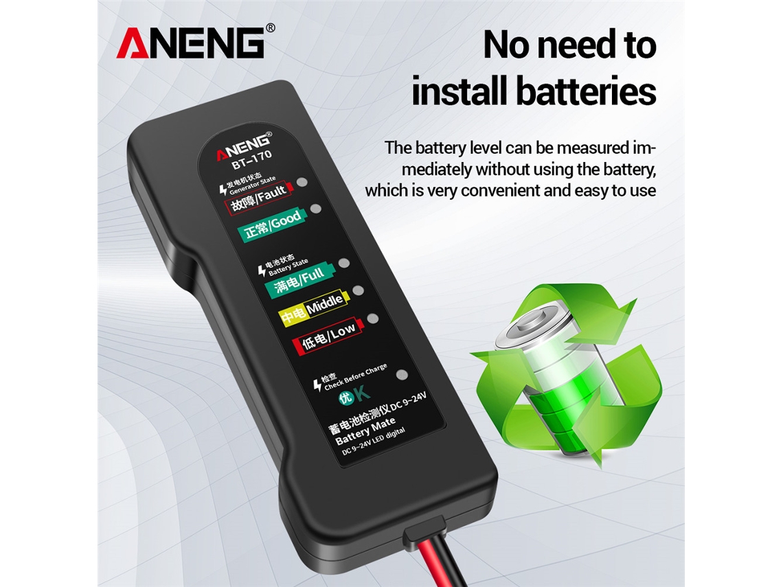 Testador de Bateria Portátil Aneng Bt170 12v 9 24v para Carro Moto com Indicador Led Analisador de Falhas
