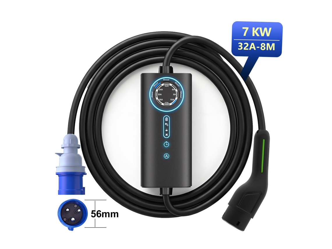 Ev Carregador HEXINEX 7kw, Tipo 2, 8 M, Monofásico, 6 32 A, Potência de Carregamento Ajustável, Ip65, Resistente À Água.