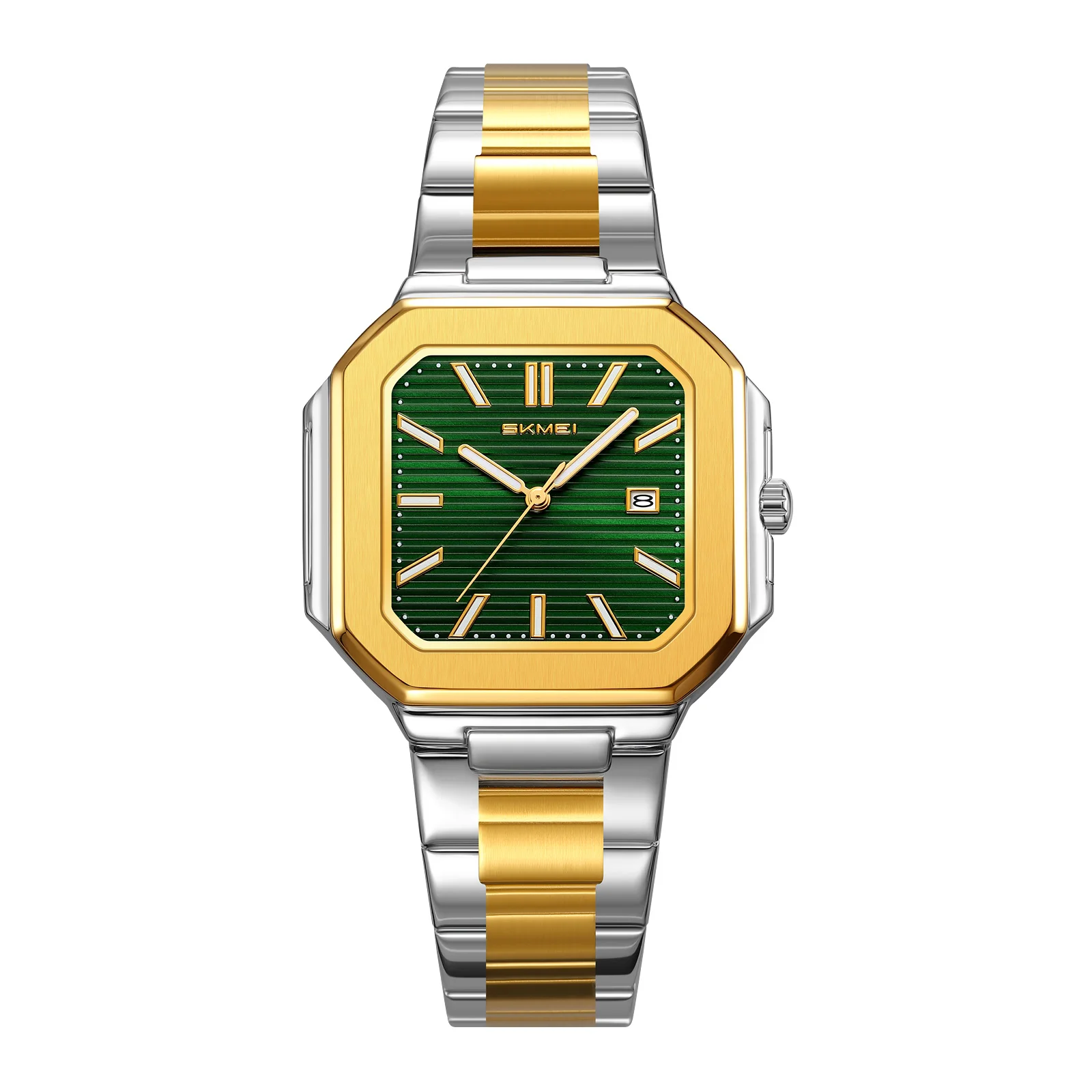 Relógio De Quartzo Octogonal (dourado E Verde L) Com Mostrador Listrado Verticalmente E Indicador De Data