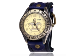 Relógio de pulso unissex CCQ com mostrador grande em bronze e pulseira de PU azul, feito de quartzo.