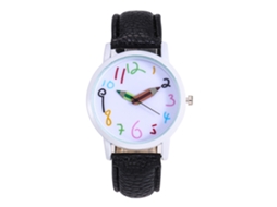 Relógio infantil de quartzo com pulseira de PU e ponteiros em formato de lápis nas cores preto e branco.