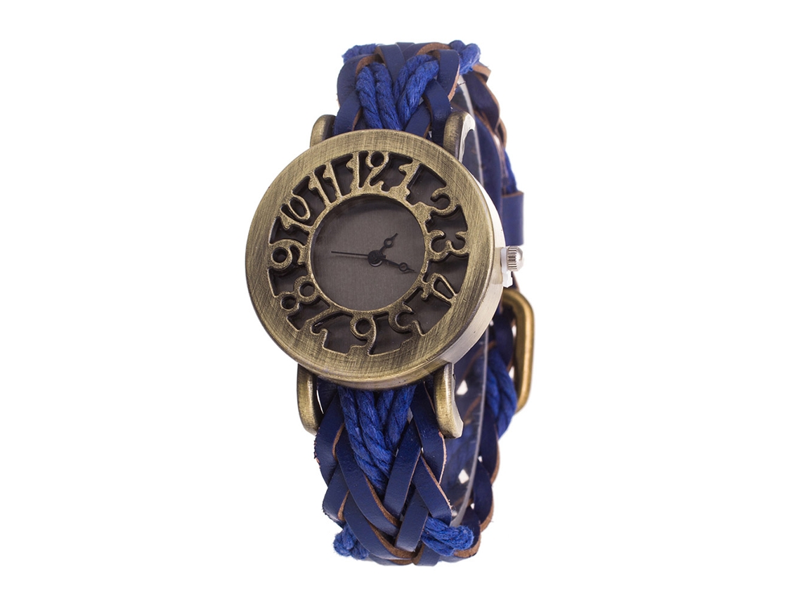Relógio de pulso vintage de quartzo com mostrador vazado e pulseira de PU trançada para homens e mulheres (azul)