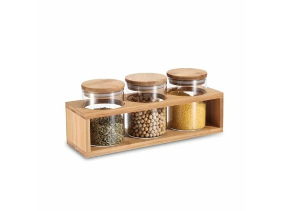 Conjunto de 3 Potes DKD HOME DECOR Natural Bambu Vidro de Borosilicato (31 X 11 X 11,5 cm)