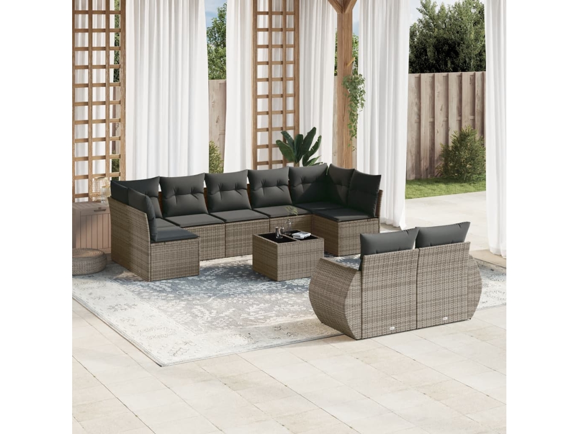 Vidaxl 10 Pcs Conjunto Sofás De Jardim C/ Almofadões Vime Pe Cinzento