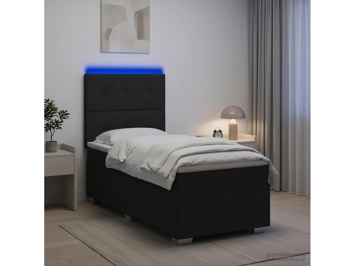 Vidaxl Cama Box Com Led E Colchão Preto 90 X 190 Cm Tecido
