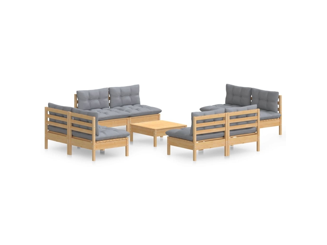 Conjunto de 9 Lounge de Jardim com Almofadões Cinzentos Pinho MAISON EXCLUSIVE
