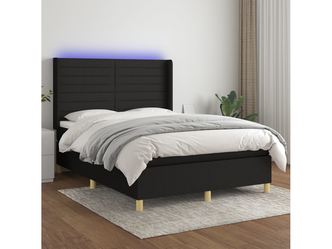 Vidaxl Cama Box Spring C/ Colchão E Led 140x190 Cm Tecido Preto
