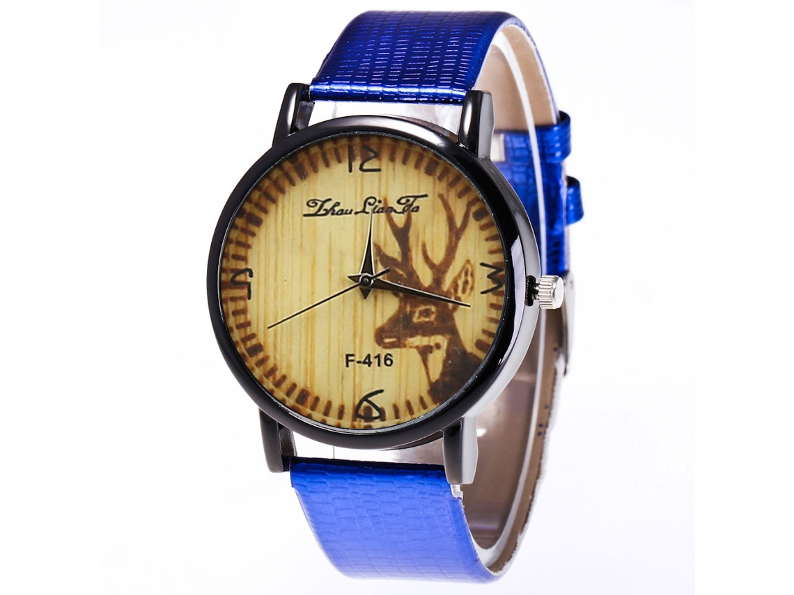Reloj De Cuarzo Con Correa De Cuero Pu Unisex Patrón De Alce Dial Redondo (azul)