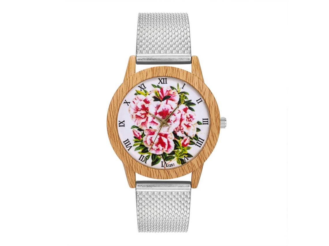 Reloj De Cuarzo Unisex Con Correa De Malla Y Patrón Floral Plata Zhoulianfa